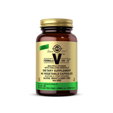 A bottle of Solgar Formula VM-75 60 vege capsules on a white background.